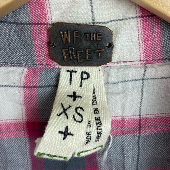 Free People Pink Grey Plaid Button Down Shirt Size XS Long Sleeve Western Boho - Picture 2 of 11